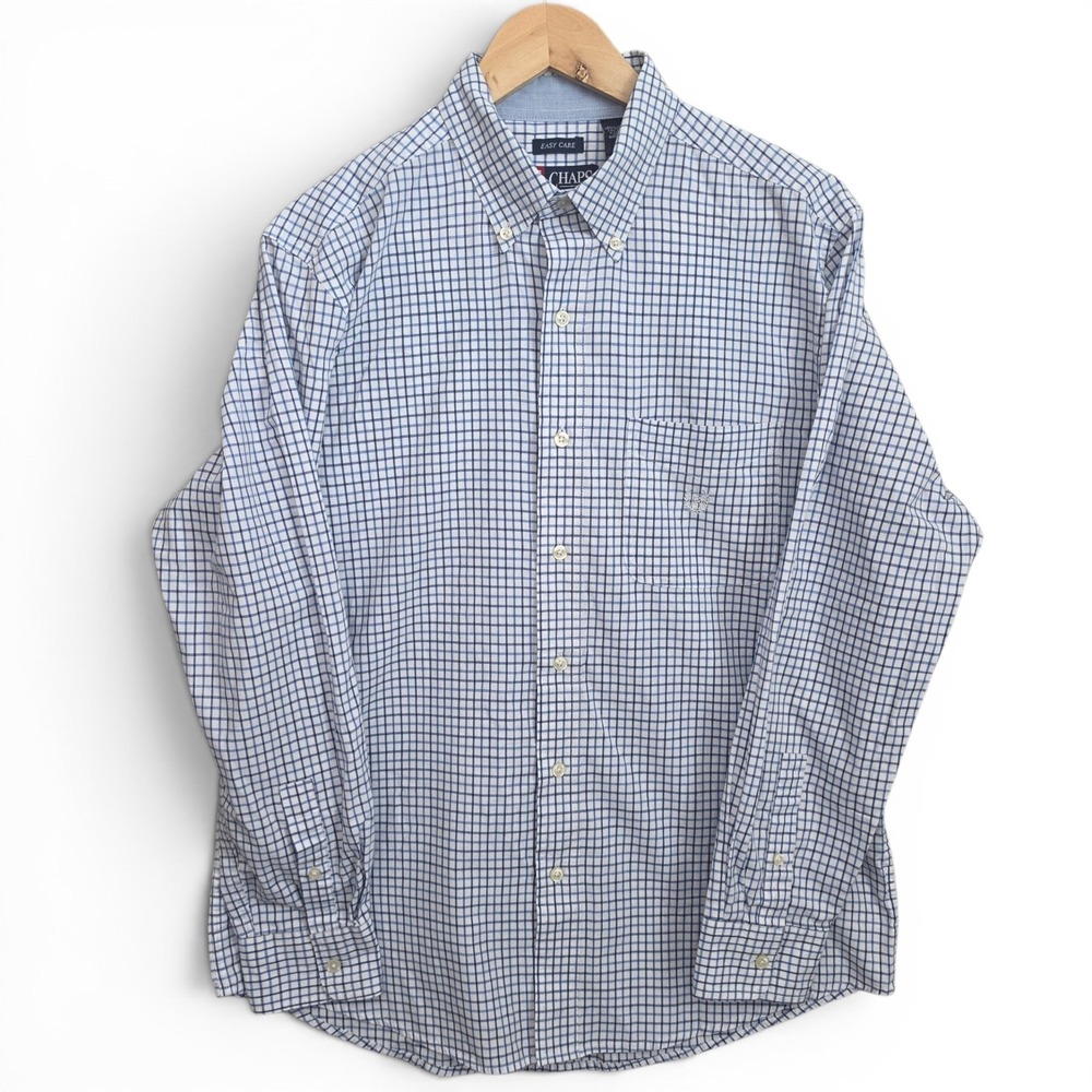 Chaps Shirt Mens Medium White Blue Button Down Easy Care Check Cotton Blend